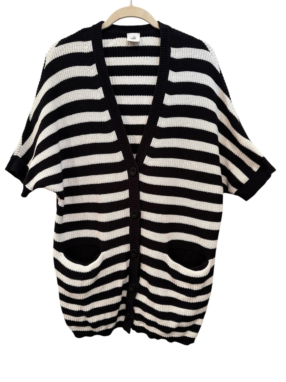 CAbi Whistle Black White V Neck Striped Button Oversized Cardigan Sweater Sz S
